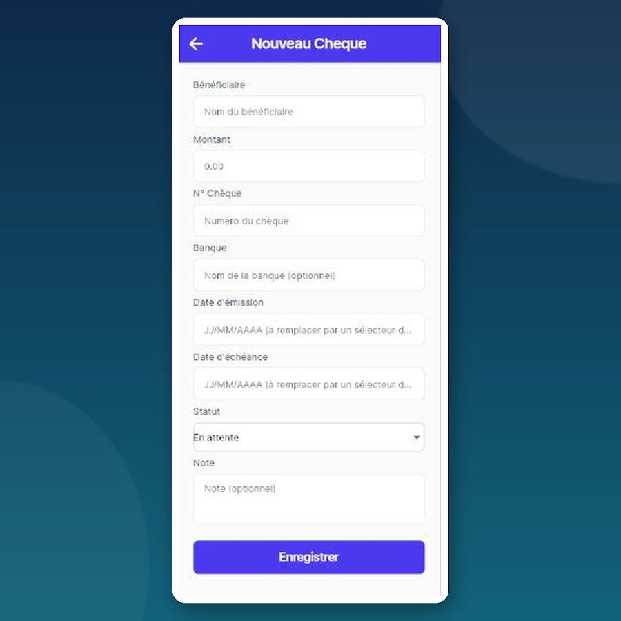 Adding a new cheque in the Cheques app